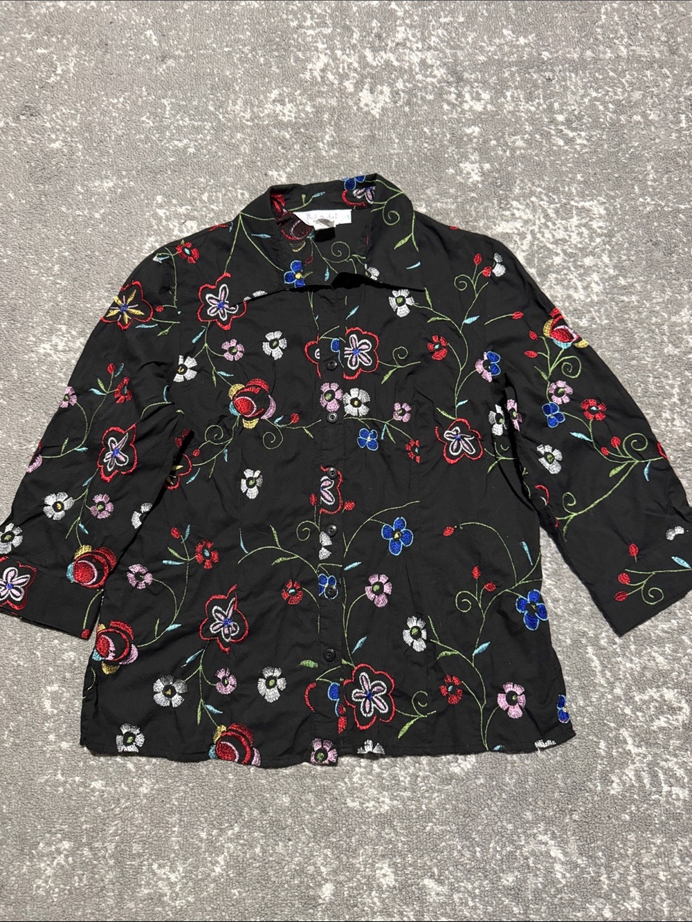 fresh produce Black Embroidered Floral Button-Down Shirt